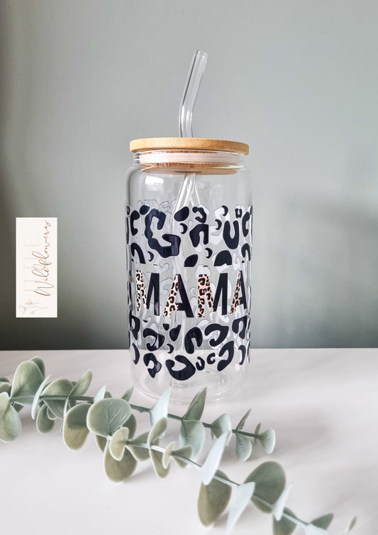 Mama Leopard Print Glass Cup