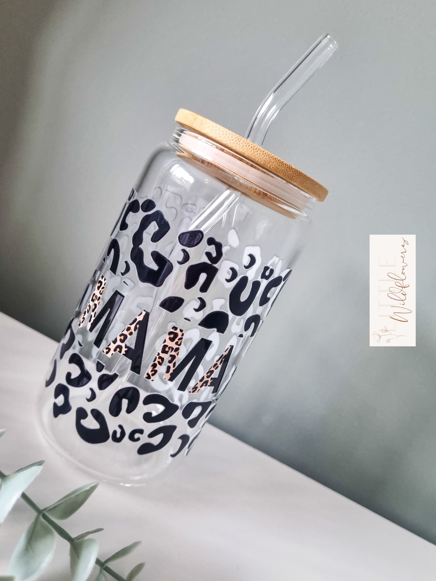 Mama Leopard Print Glass Cup