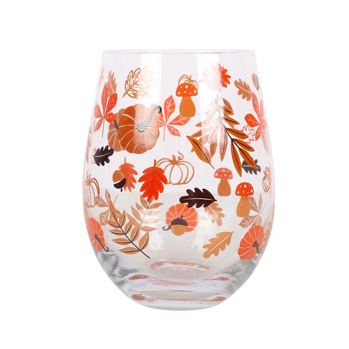 Autumn Leaves & Pumpkins Stemless Glass