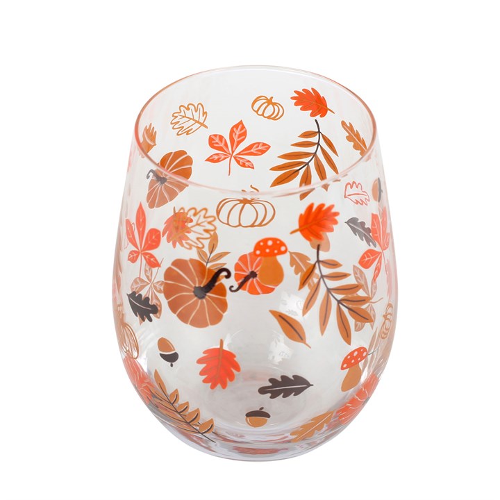 Autumn Leaves & Pumpkins Stemless Glass