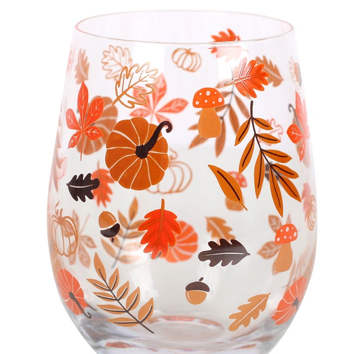 Autumn Leaves & Pumpkins Stemless Glass