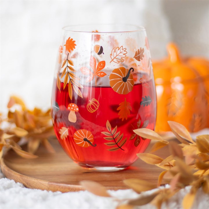 Autumn Leaves & Pumpkins Stemless Glass