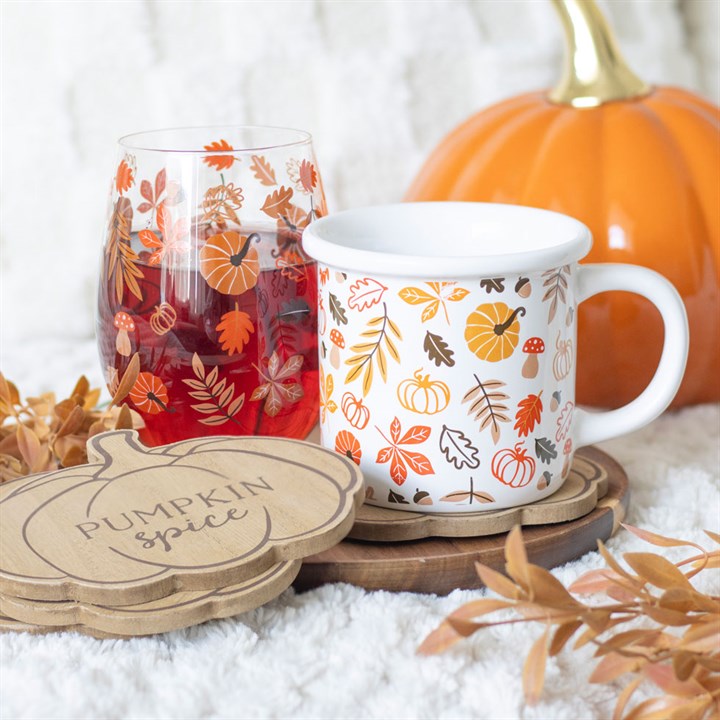 Autumn Leaves & Pumpkins Stemless Glass